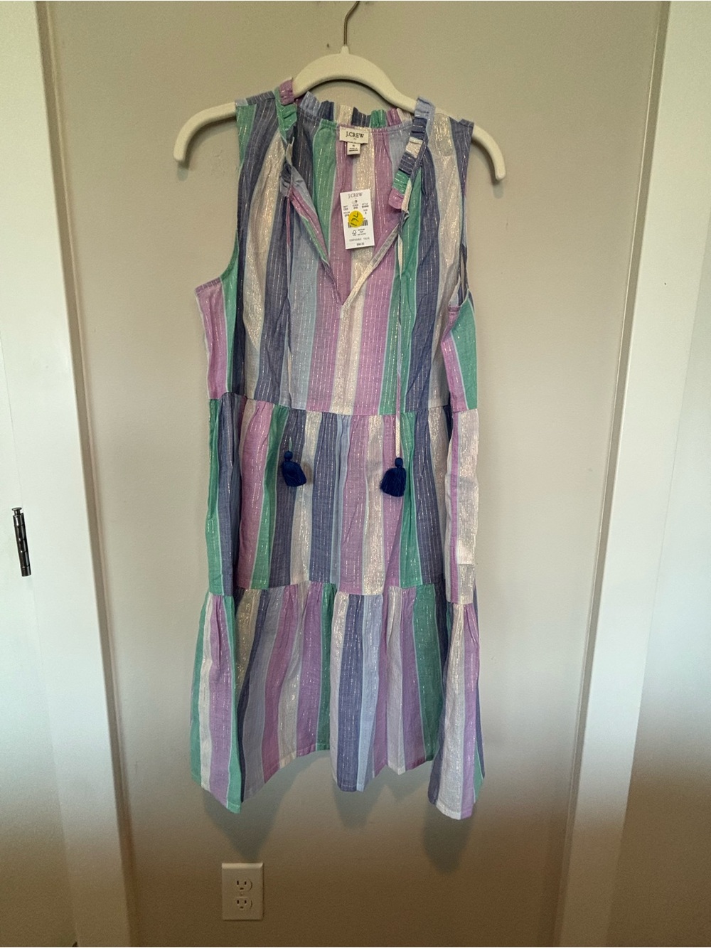 NWT J. Crew Sleeveless Tiered Dress in Lavender, Mint, Blue & White
